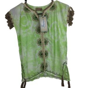 Skemo Girls Kid Tie Dye Boho Beaded Embroidered Mandala Short Kaftan Apple L NWT